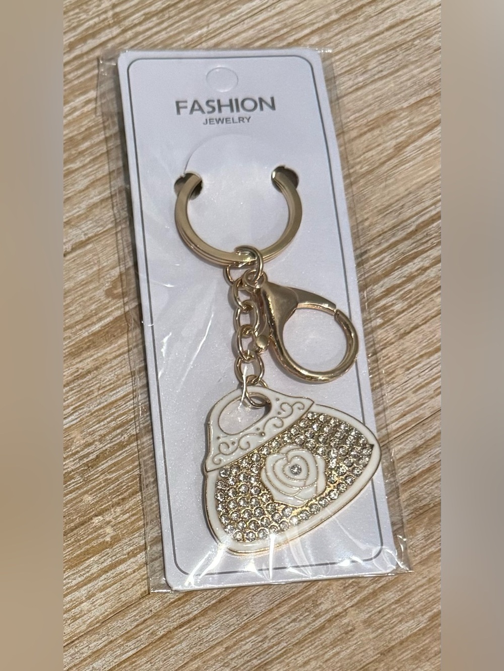 Gold Tone and White Handbag Keychain or Bag Charm
